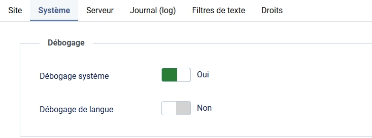 Joomla configuration activation debogage